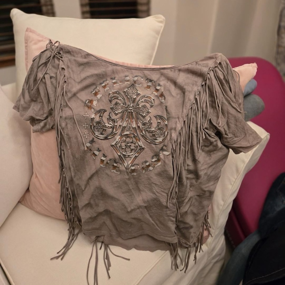 Affliction Fringed beige and blk Women's Top
